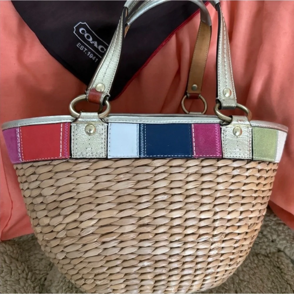 Coach Raffia/Straw Tote with Multicolor Leather Trim and Metallic Gold Accents - Picture 6 of 7